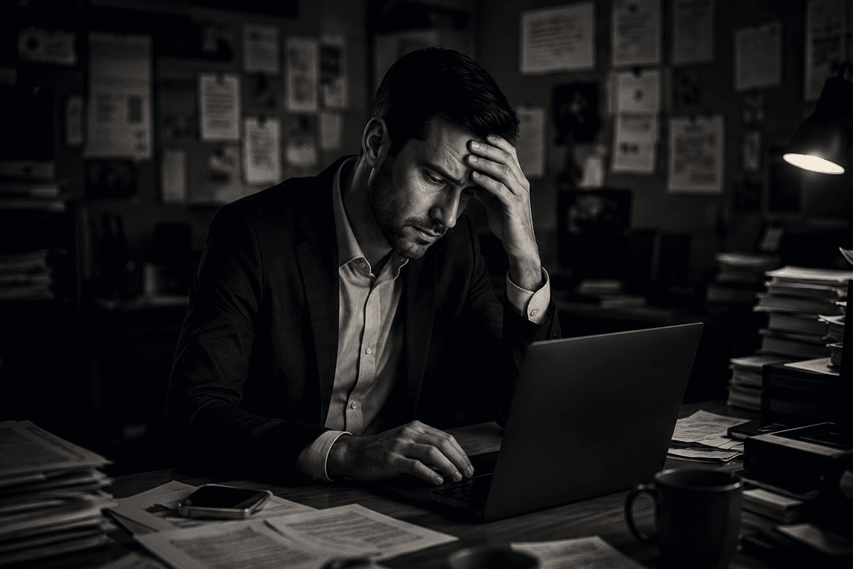 Overloaded professional working manually late at night, surrounded by papers