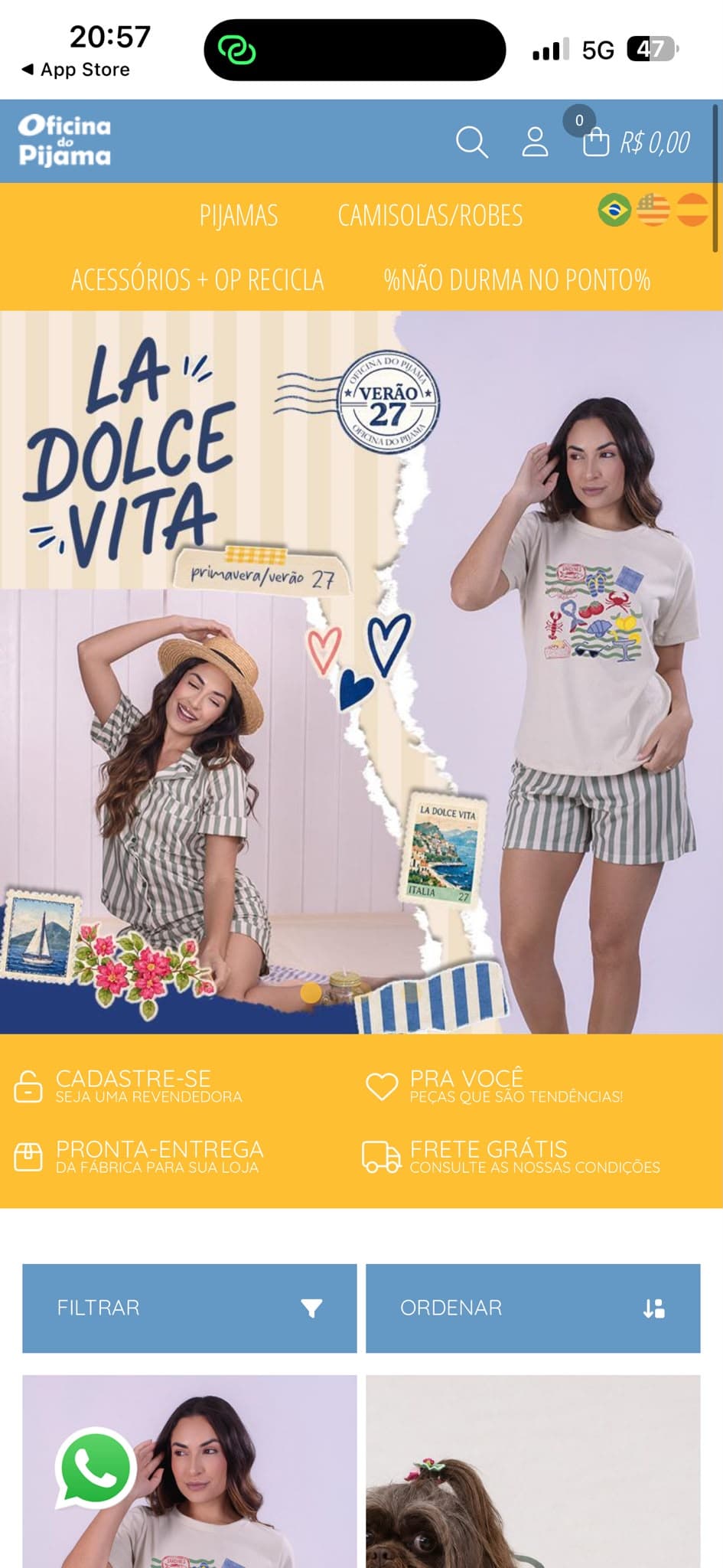 B2B ecommerce mobile app screen showing a wholesale sleepwear catalogue with category navigation.