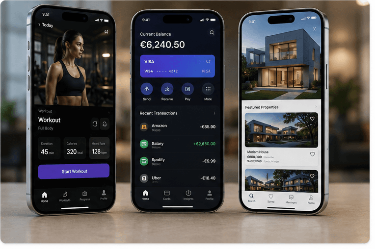 Mobile applications displayed across three smartphones