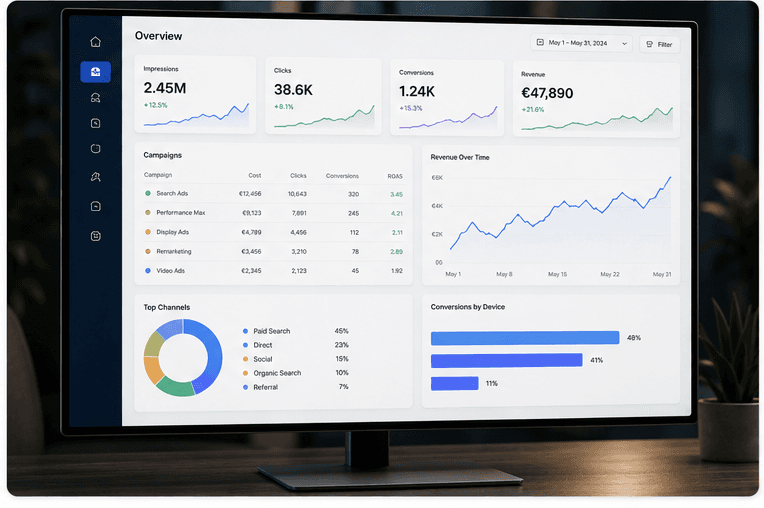 Business analytics dashboard with performance charts and data