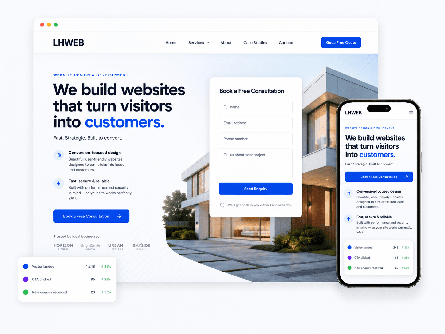 Premium LHWEB website design mockup showing desktop and mobile website screens with enquiry form.