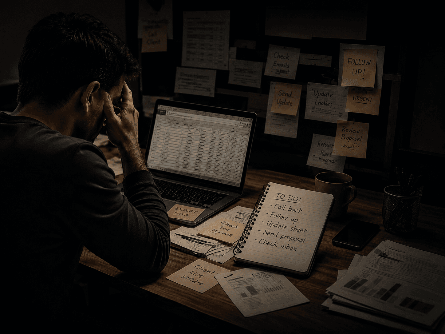Overwhelmed business owner working with spreadsheets, paper notes and manual follow-up tasks