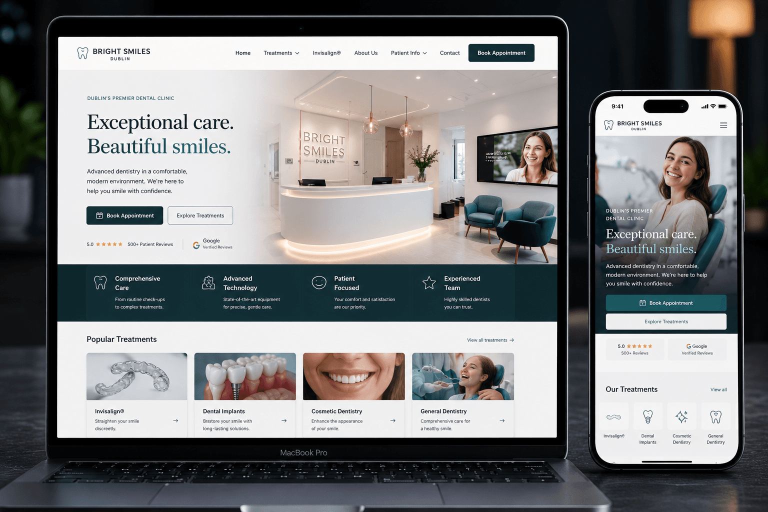 Responsive premium dental website displayed on a laptop and smartphone