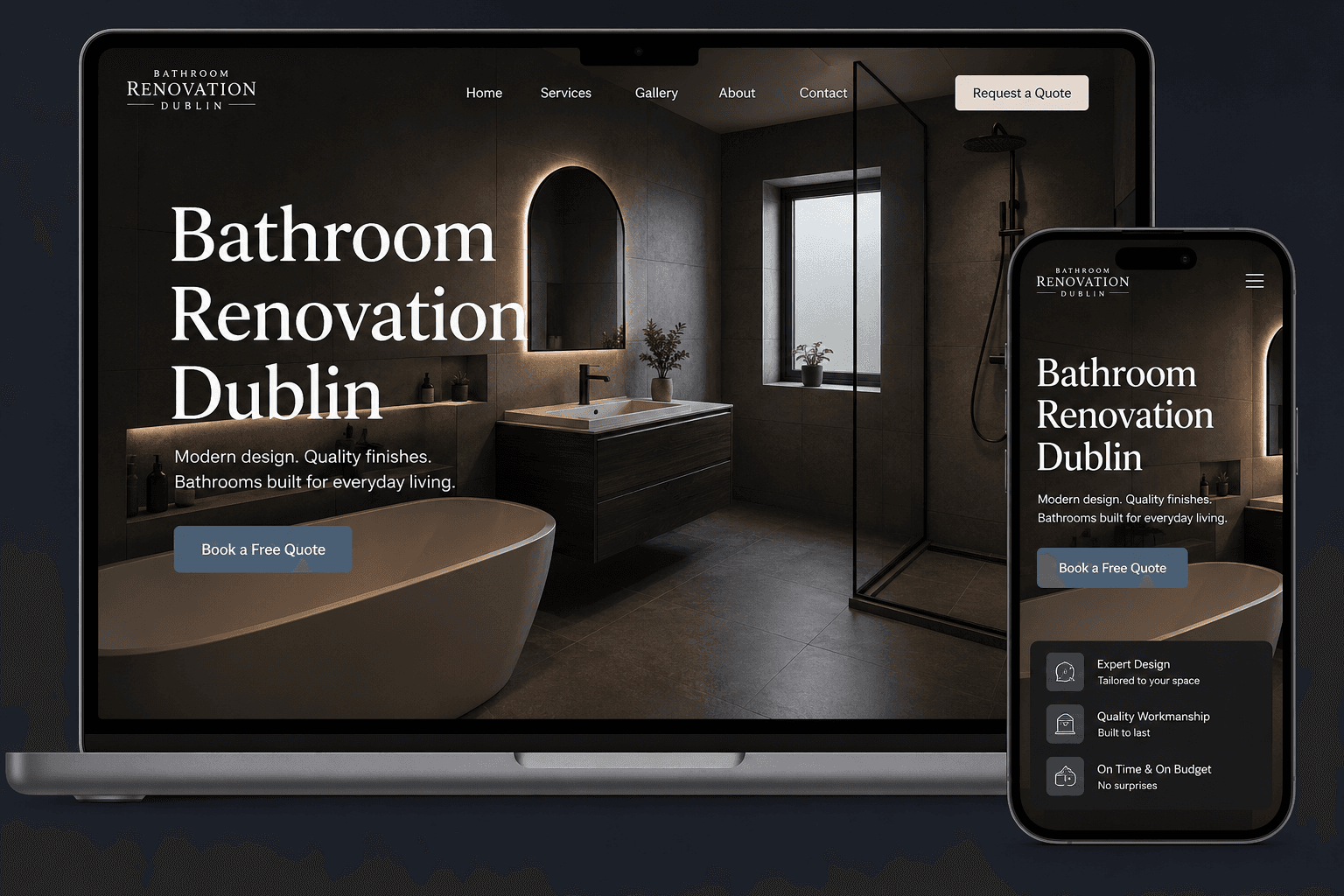 Bathroom Renovation Dublin website shown on a laptop and a phone.